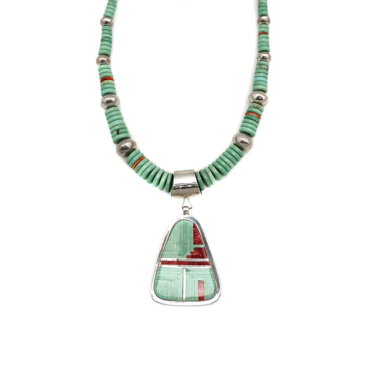 Navajo Contemporary Turquoise, Coral, and Silver Beaded Necklace, 31" length (J90365-0421-019) 1
