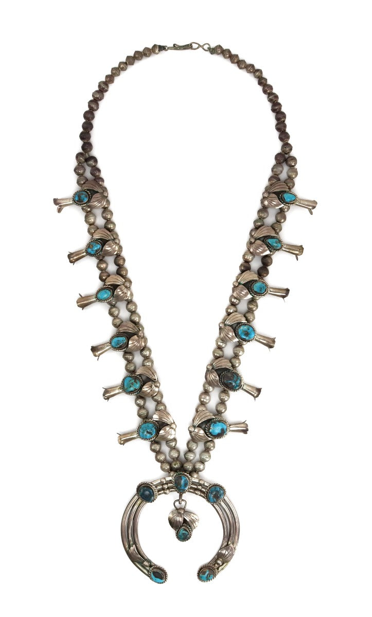 Navajo Turquoise and Silver Squash Blossom Necklace c. 1960s, 26" length (J90371B-0822-018)