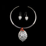 Sam Patania - Coral and Sterling Silver Floral Design Pendant with Silver Choker and Earrings Set c. 1980s (J90432A-0521-010)
