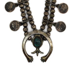 Navajo Persian Turquoise and Silver Beaded Squash Blossom Necklace with Silver Mercury Dimes c. 1960s, 26" length (J90634A-0323-001)
 1