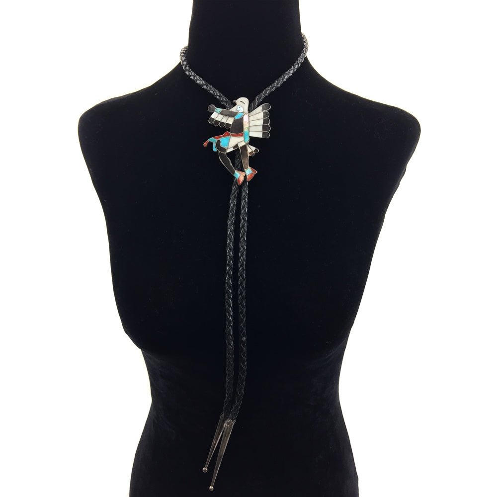 Zuni Multi-Stone Channel Inlay, Silver, and Leather Bolo Tie c.1955, 3" x 2.25" (J90842A-0312-007)