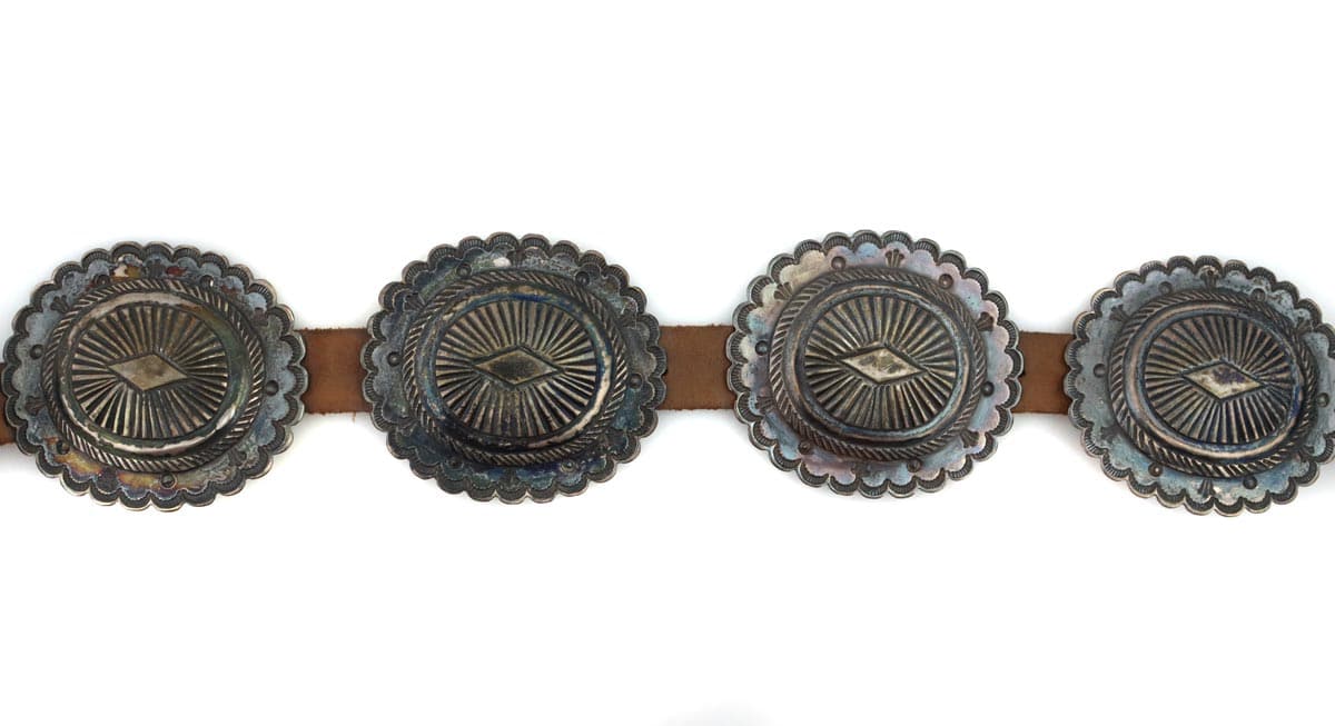 Navajo Silver and Leather Concho Belt c. 1940s, 20"-32" waist (J90863B-0122-002) 2