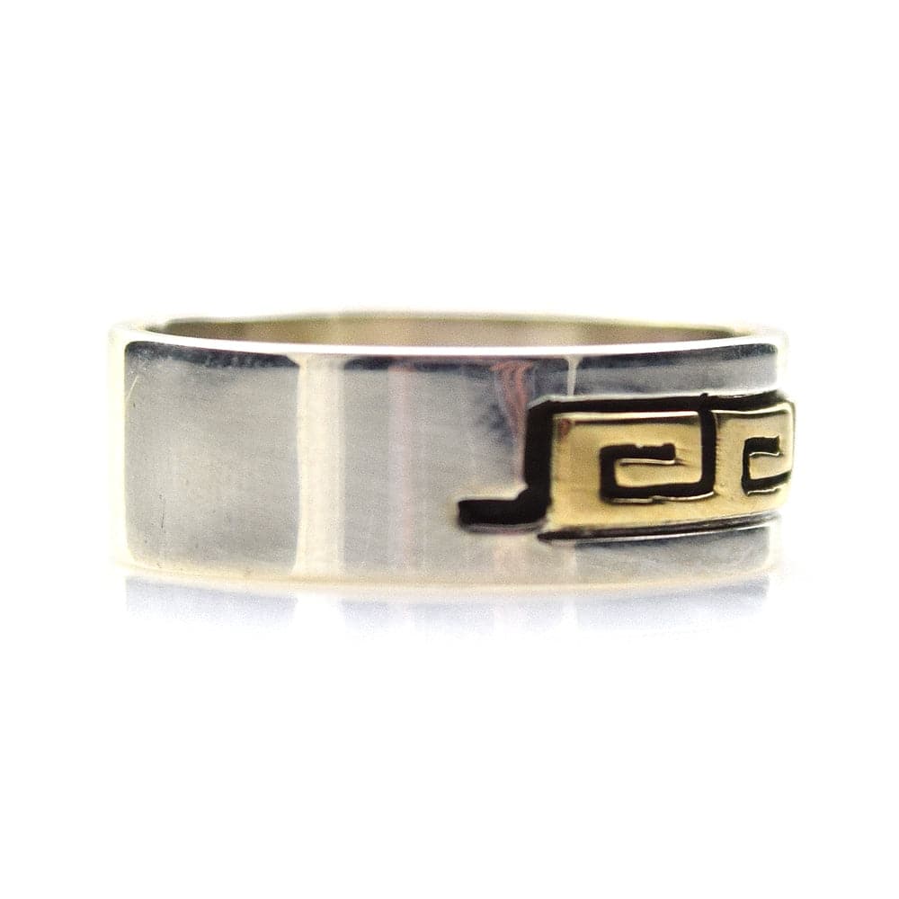 Dave Skeets - Navajo Contemporary 14K Gold Overlay and Silver Ring with Spiral Designs, size 6 (J9097)