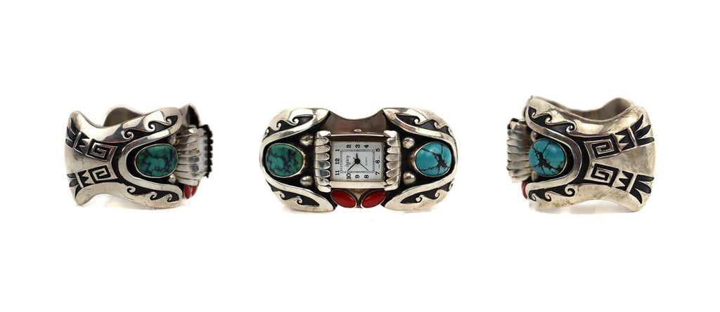 Navajo Turquoise, Coral, and Silver Watch Band c. 1960-70s, size 6.5 (J91006A-1122-019)
