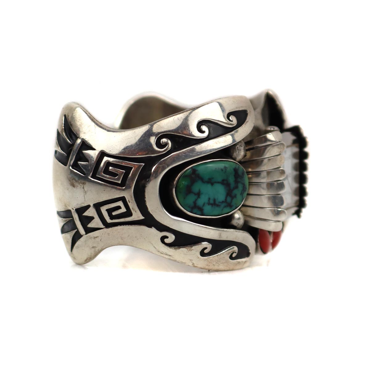 Navajo Turquoise, Coral, and Silver Watch Band c. 1960-70s, size 6.5 (J91006A-1122-019) 1
