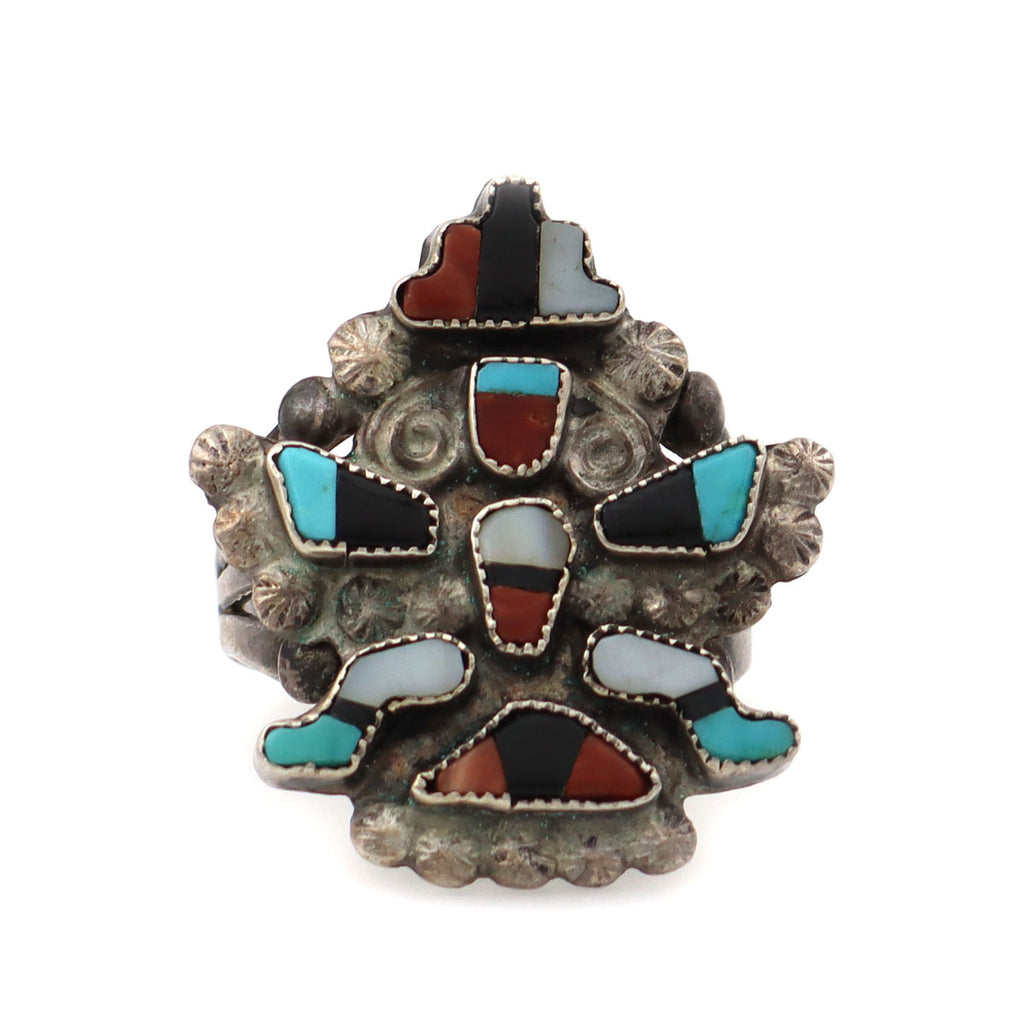 Zuni Multi-Stone Channel Inlay and Silver Knifewing God Ring c. 1940s, size 7 (J91051-0821-003)