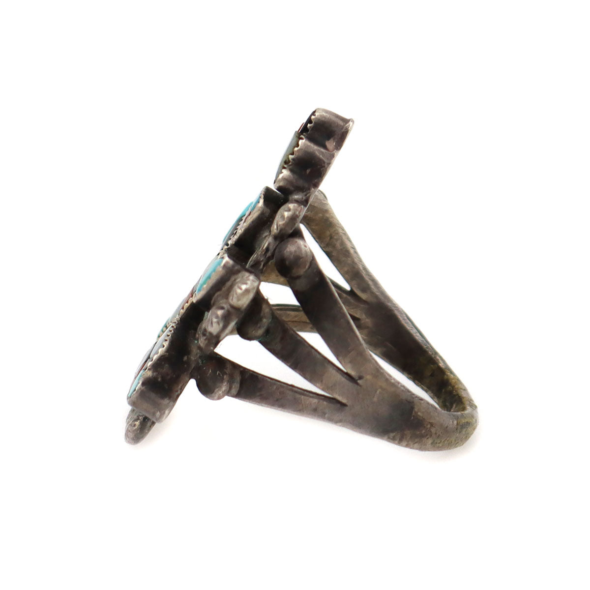 Zuni Multi-Stone Channel Inlay and Silver Knifewing God Ring c. 1940s, size 7 (J91051-0821-003)1