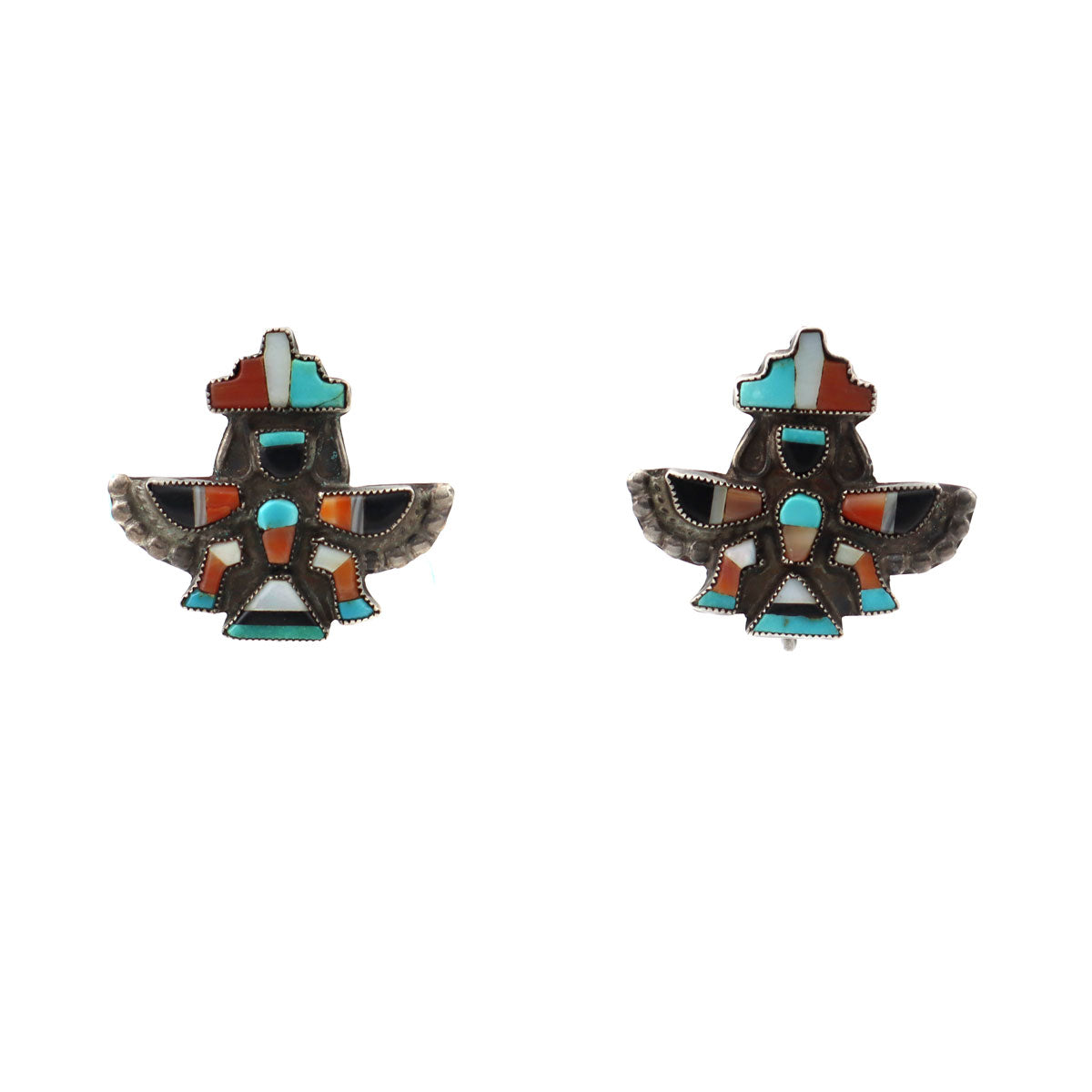Zuni Multi-Stone Channel Inlay and Silver Knifewing God Earrings c. 1940s, 0.875" x 1" (J91051-0821-004)