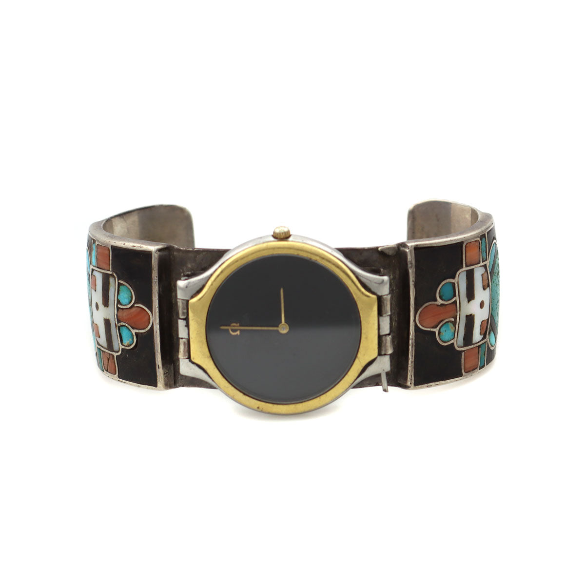 Zuni Multi-Stone Inlay and Silver Watch Cuff with Kachina Design c. 1940s, size 7 (J91051-0821-024)1