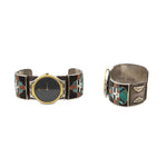 Zuni Multi-Stone Inlay and Silver Watch Cuff with Kachina Design c. 1940s, size 7 (J91051-0821-024)