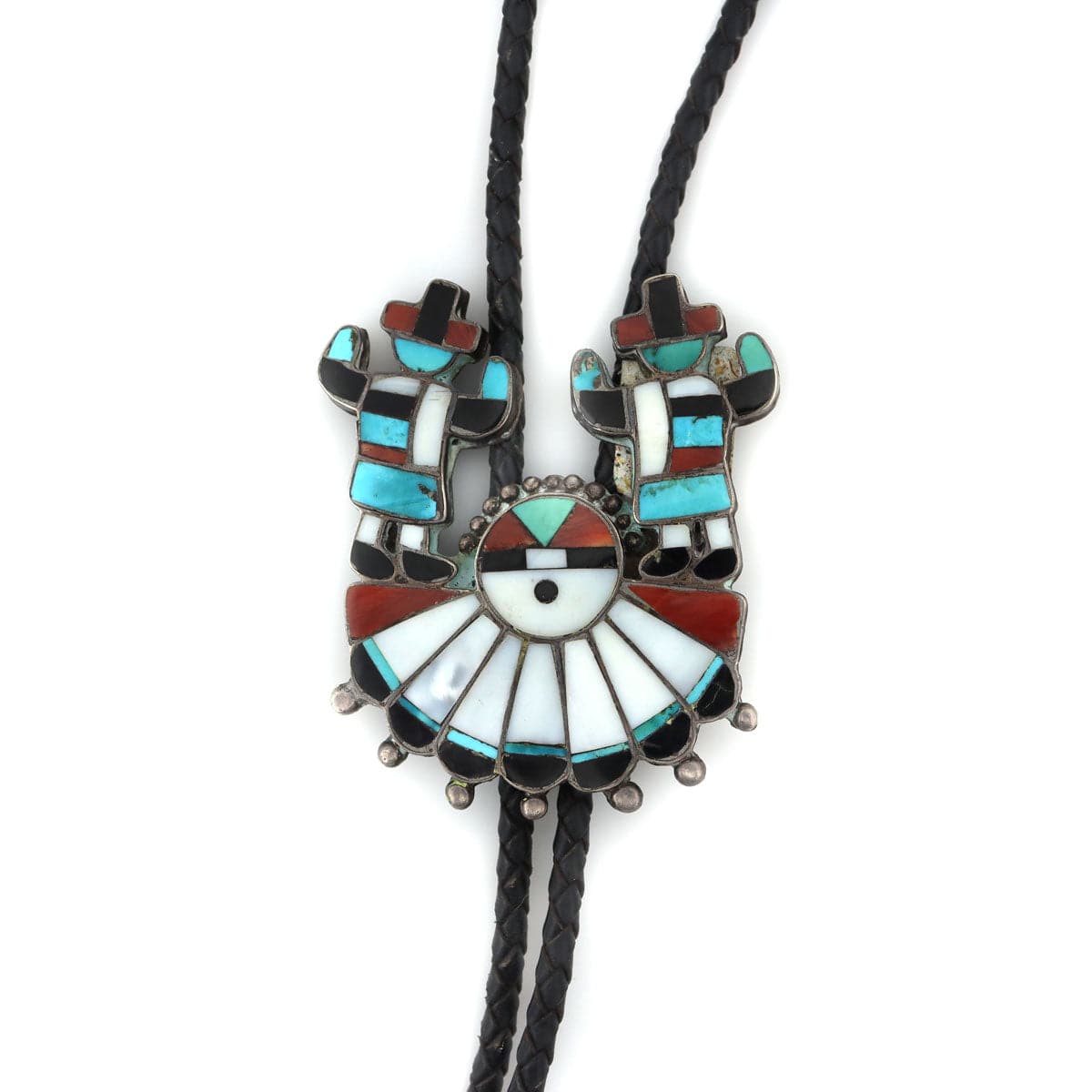 K. Martinez â€“ Zuni Multi-Stone Channel Inlay, Silver, and Leather Bolo Tie with Sunface Kachina and Rainbow God Design c. 1950-60s, 2.5" x 2.25" (J91051-0821-030)1