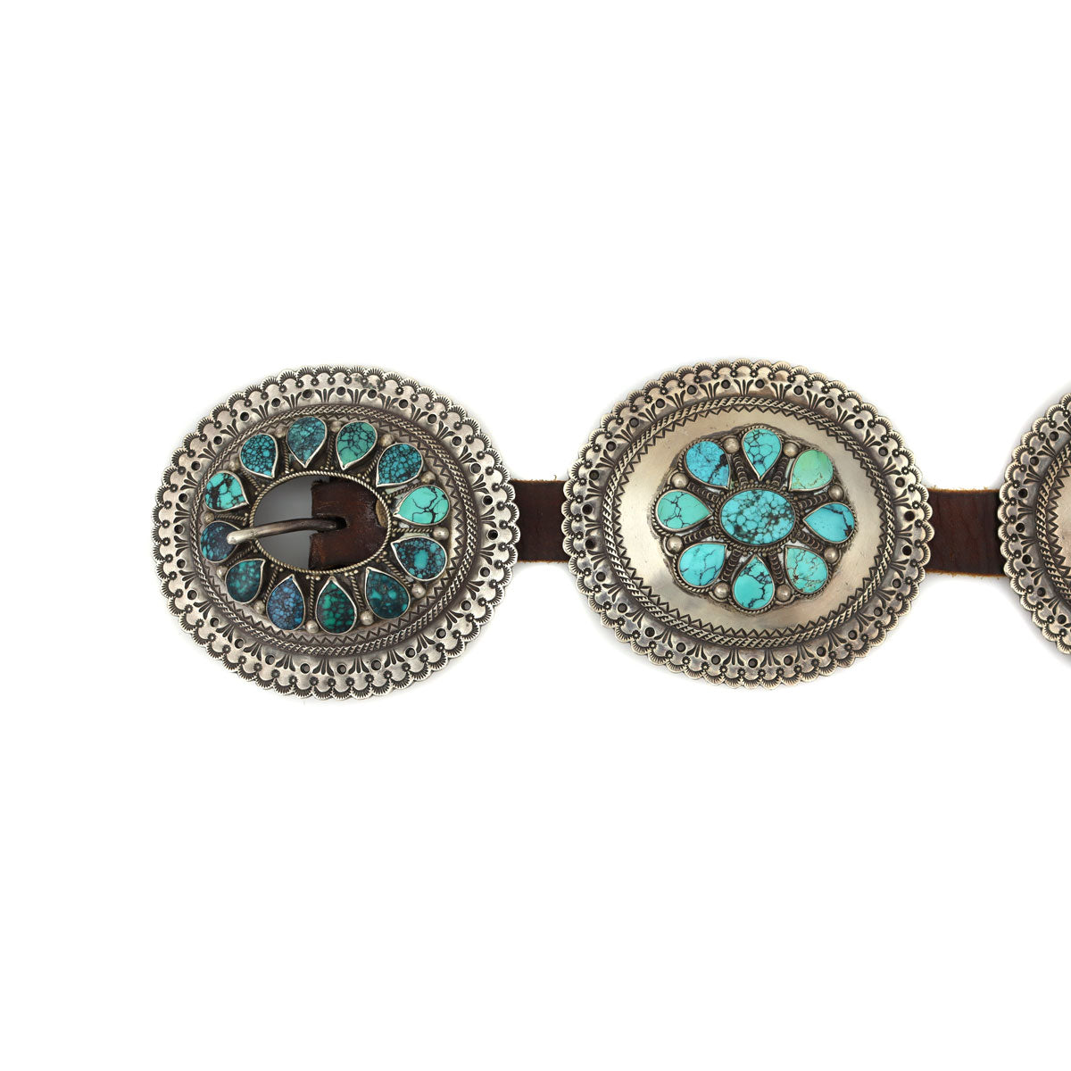 Perry Shorty (b. 1964) - Navajo Lone Mountain Turquosie, Number 8 Turquoise, Silver and Leather Belt c. 1980s, 34" to 42" waist (J91051-0921-003)2