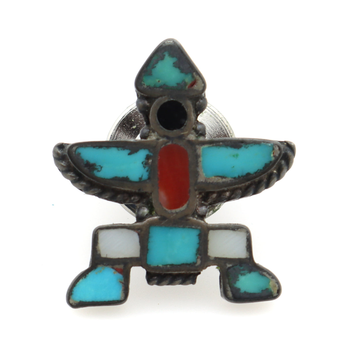 Zuni Multi-Stone Channel Inlay and Silver Knifewing God Tie Tack c. 1950s, 0.75" x 0.75" (J91244B-1120-007)
