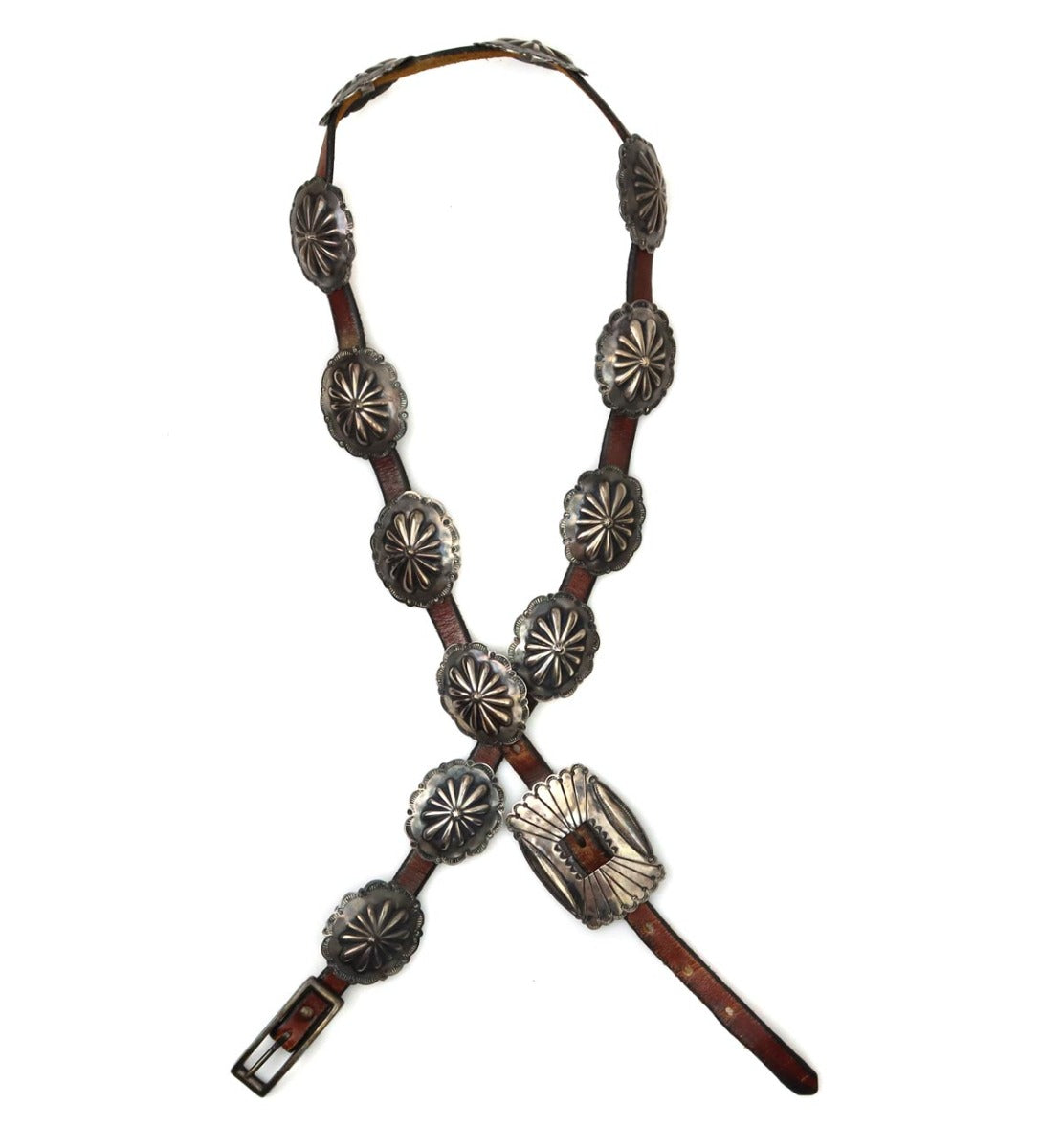 Navajo Sterling Silver and Leather Concho Belt c. 1940s, 29"-34" waist (J91253B-0822-002)
