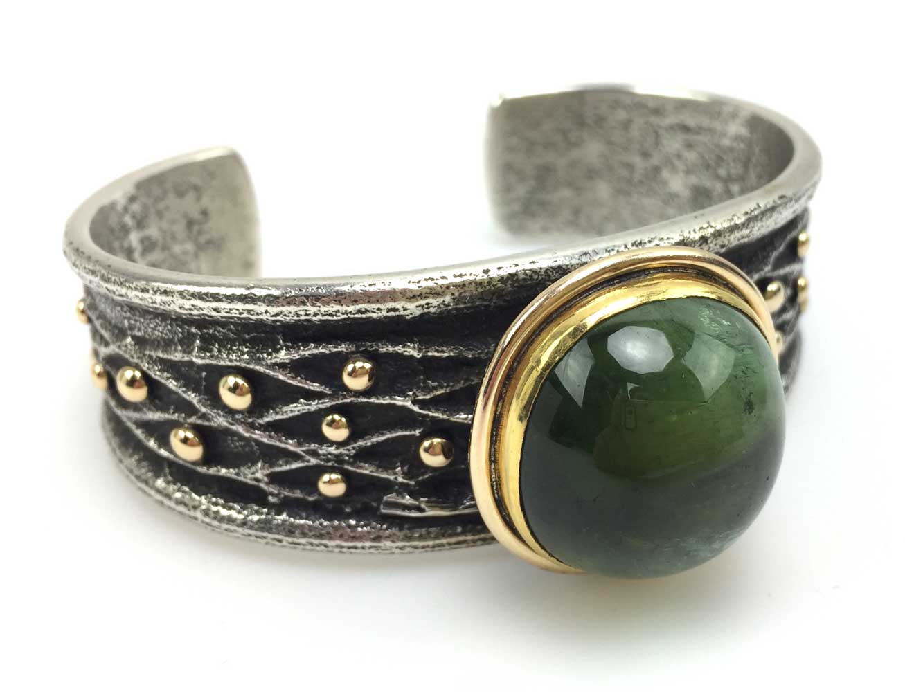 Frank Patania Jr. - Contemporary Green Tourmaline, 14K Gold and Sterling Silver Sandcast Bracelet, size 6.75 (J91300C-1120-001)6