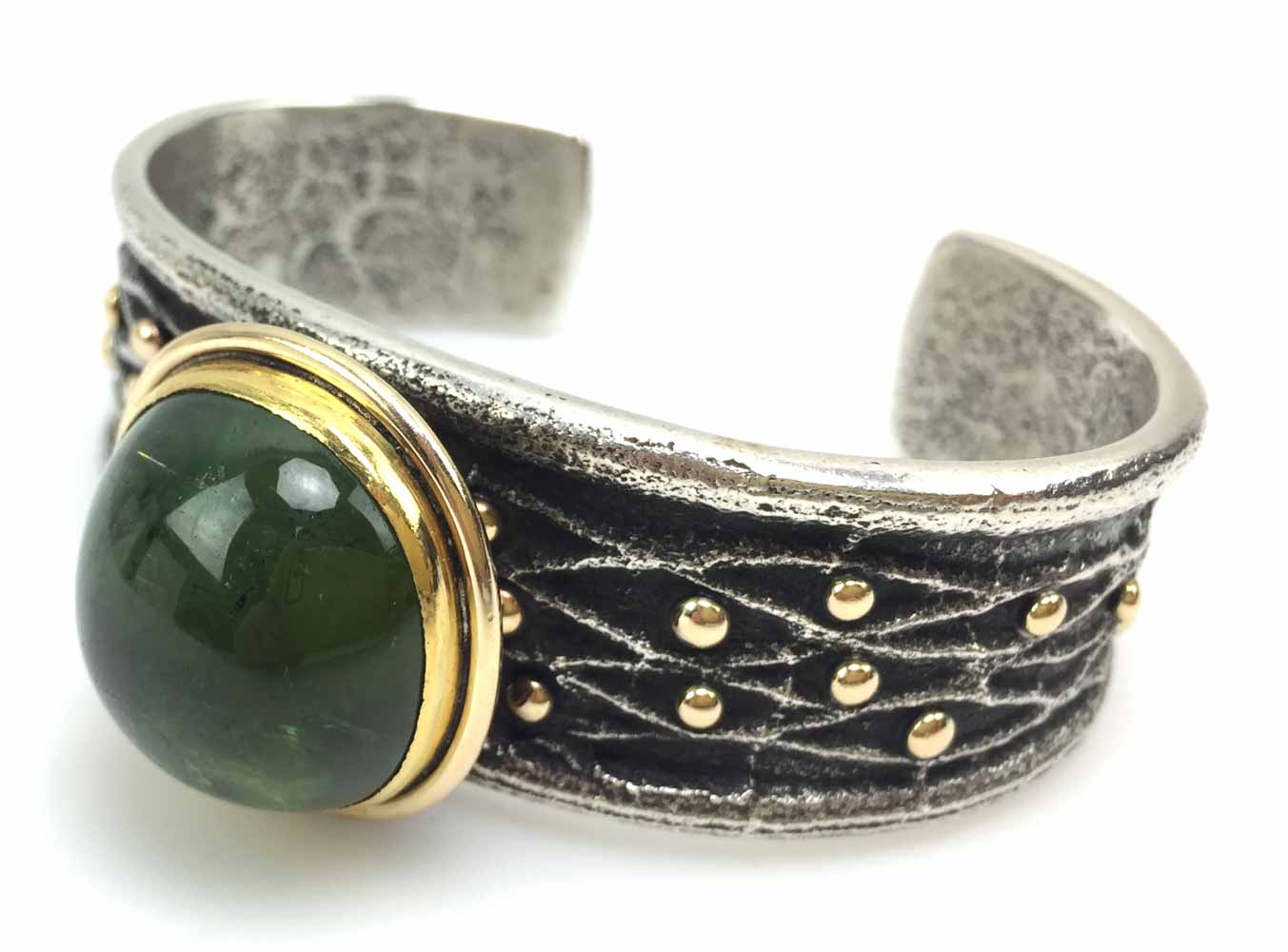 Frank Patania Jr. - Contemporary Green Tourmaline, 14K Gold and Sterling Silver Sandcast Bracelet, size 6.75 (J91300C-1120-001)7