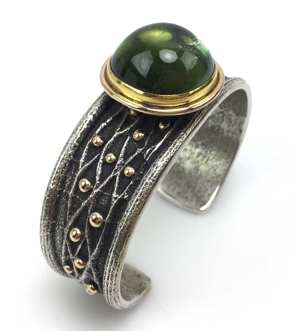 Frank Patania Jr. - Contemporary Green Tourmaline, 14K Gold and Sterling Silver Sandcast Bracelet, size 6.75 (J91300C-1120-001)8