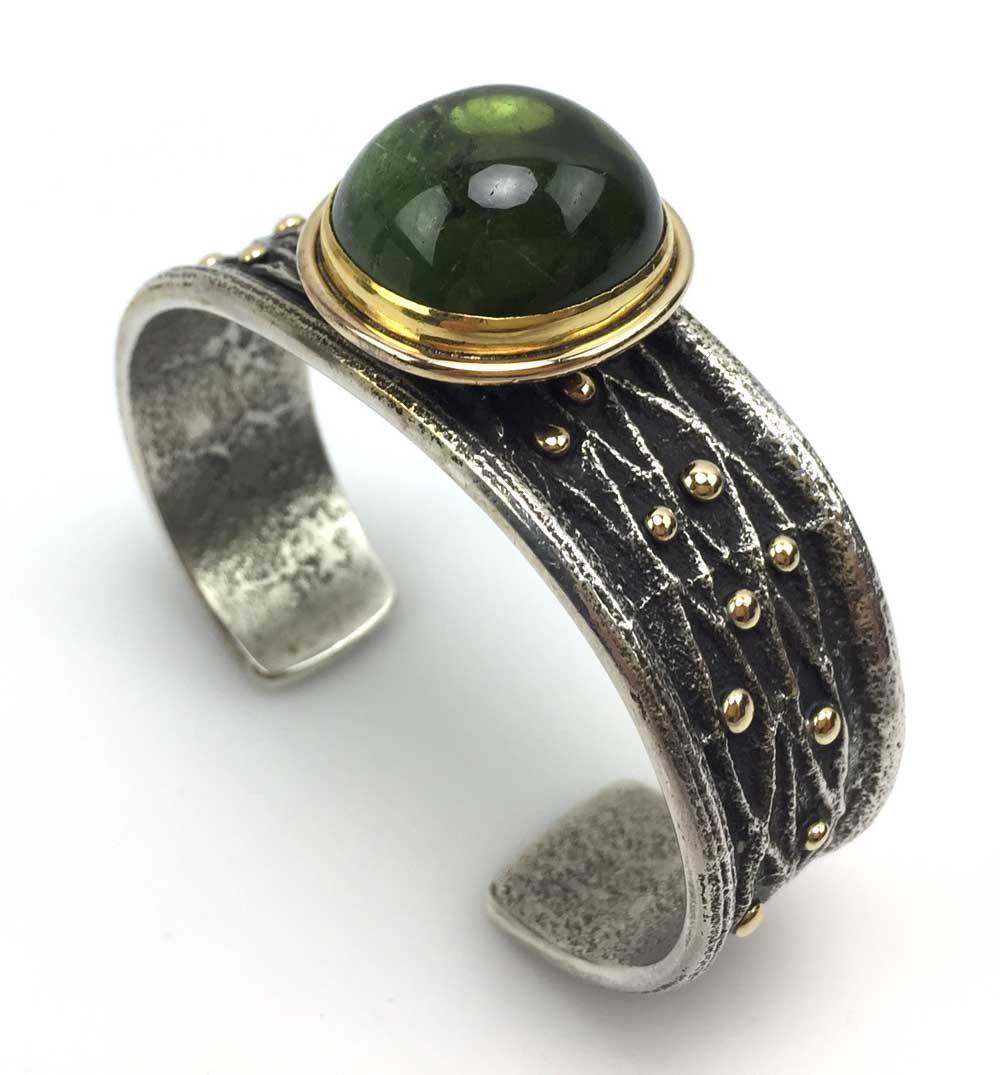 Frank Patania Jr. - Contemporary Green Tourmaline, 14K Gold and Sterling Silver Sandcast Bracelet, size 6.75 (J91300C-1120-001)9