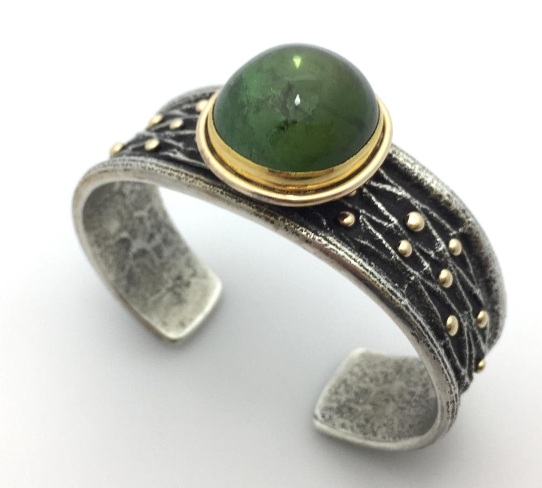 Frank Patania Jr. - Contemporary Green Tourmaline, 14K Gold and Sterling Silver Sandcast Bracelet, size 6.75 (J91300C-1120-001)12