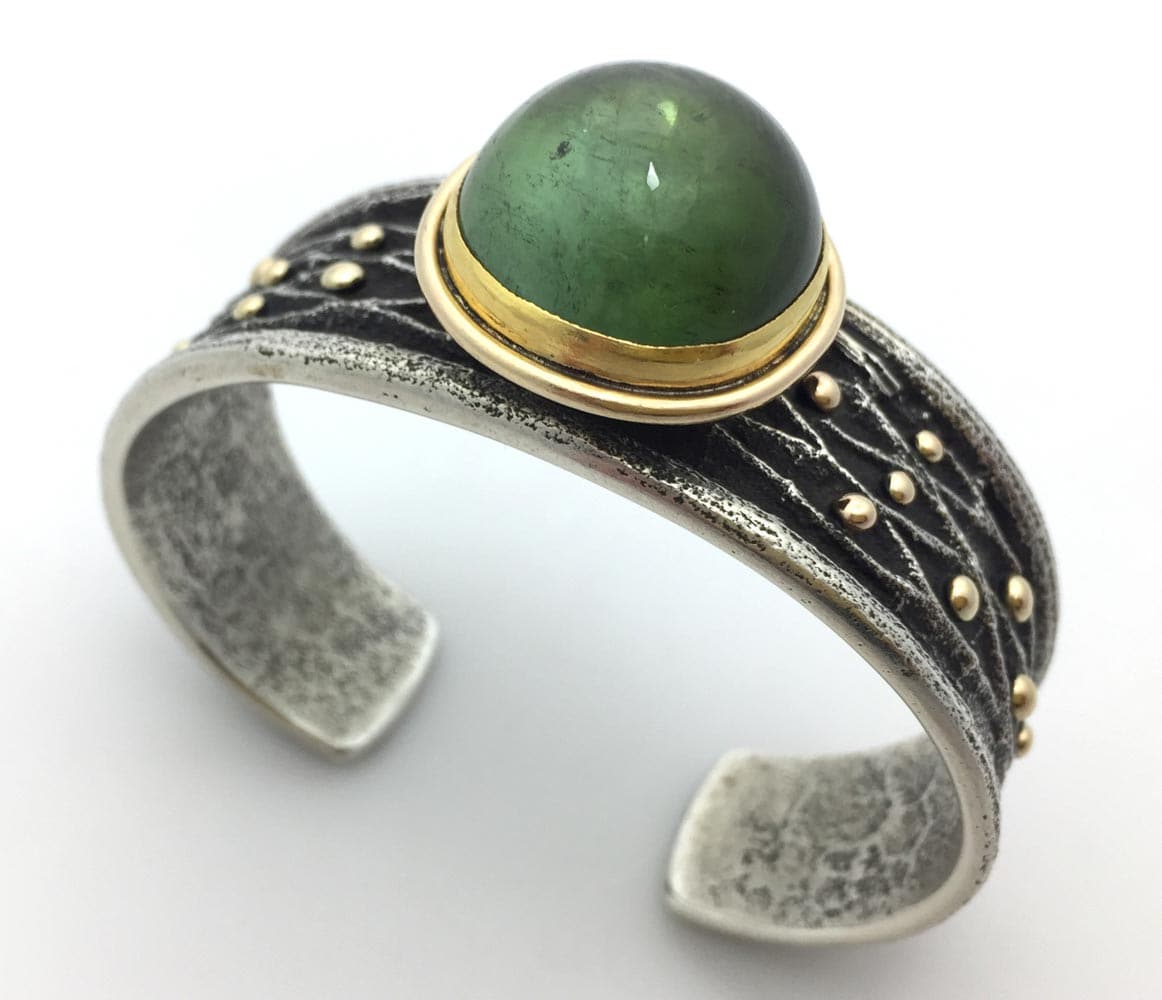Frank Patania Jr. - Contemporary Green Tourmaline, 14K Gold and Sterling Silver Sandcast Bracelet, size 6.75 (J91300C-1120-001)13