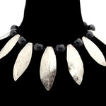 Miramontes - Necklace with Twelve Silver Laurel Leaves and Eleven Large Onyx Beads, 16.5 length (J91305-117-008)
