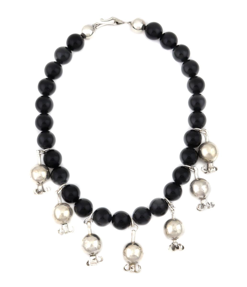Miramontes - Necklace with 7 Large Silver Pomegranates on Onyx Beads, 17" Length (J91305-1221-015)