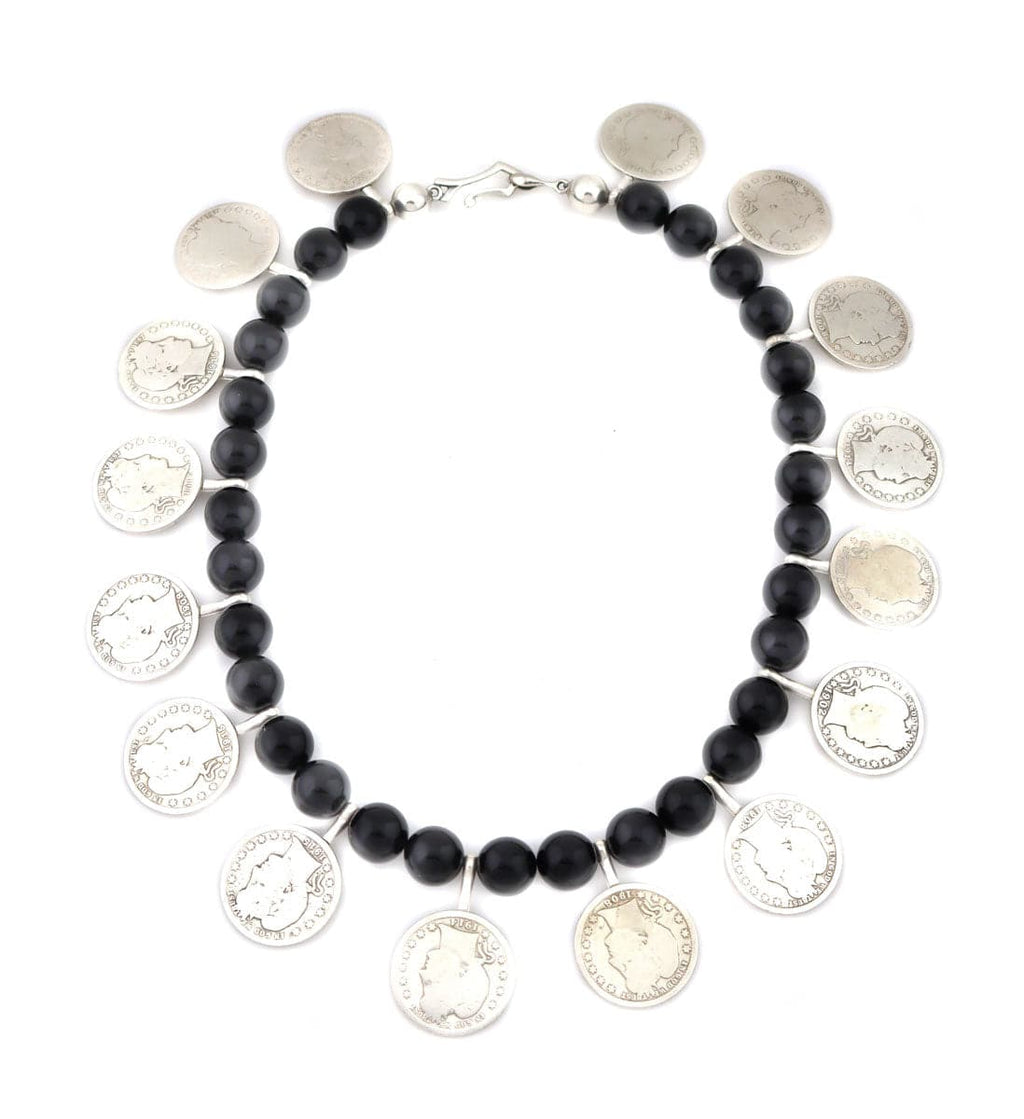 Miramontes - Necklace on Onyx Beads with 16 Silver Barber Quarters, 17.5" Length (J91305-1221-017)