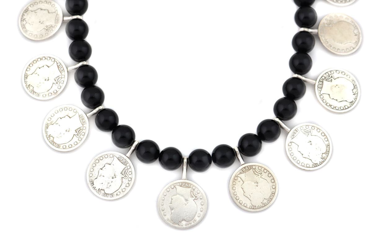 Miramontes - Necklace on Onyx Beads with 16 Silver Barber Quarters, 17.5" Length (J91305-1221-017)1