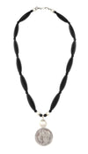 Miramontes - Necklace on Long Shaped Onyx Beads with an 1882 Barber Silver Dollar Pendant, 24" Length (J91305-1221-020)