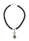 Miramontes - Necklace on Onyx Beads with a Large Silver "Anniversary" Blossom, 16" Length (J91305-1221-021)