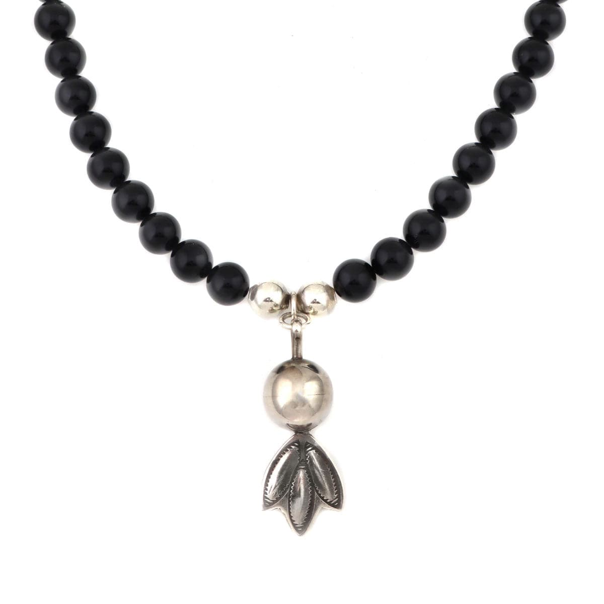 Miramontes - Necklace on Onyx Beads with a Large Silver "Anniversary" Blossom, 16" Length (J91305-1221-021)1