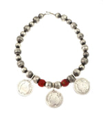 Miramontes - Old Style Necklace with Silver Beads, Barber Half Dollar Coins, and Carnelian de Lepp Beads, 17" Length (J91305-1221-027)