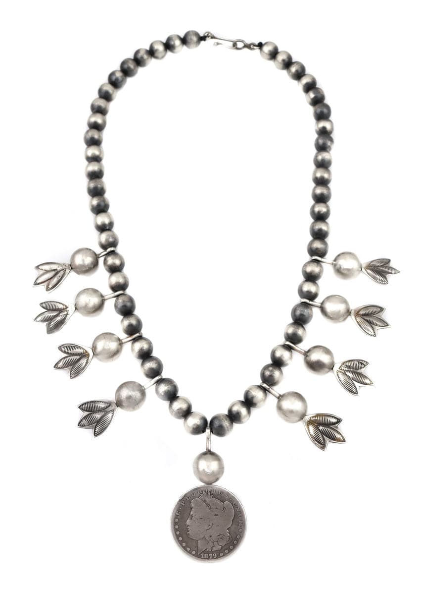 Miramontes - Old Style Necklace with Silver Beads, 25th Anniversary Silver Blossoms, and Barber Silver Dollar Pendant, 25" Length (J91305-1221-028)