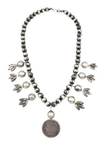 Miramontes - Old Style Necklace with Silver Beads, 25th Anniversary Silver Blossoms, and Barber Silver Dollar Pendant, 25" Length (J91305-1221-028)