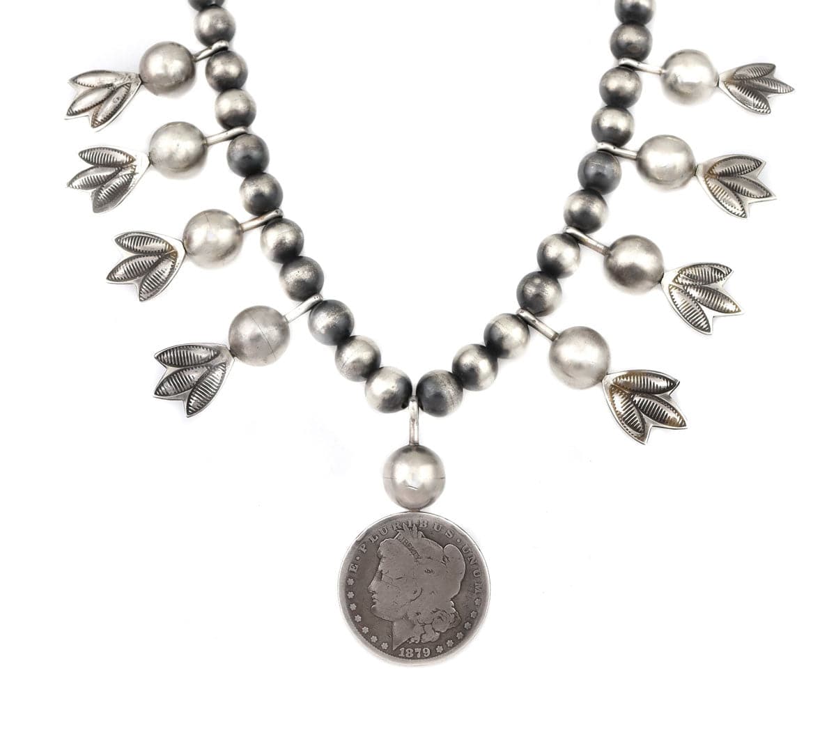 Miramontes - Old Style Necklace with Silver Beads, 25th Anniversary Silver Blossoms, and Barber Silver Dollar Pendant, 25" Length (J91305-1221-028)1