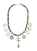 Miramontes - Old Style Necklace with Silver Beads, Barber Silver Quarters, and Double Bar Cross Pendant, 23" Length (J91305-1221-029)