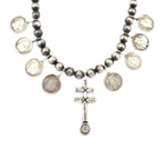 Miramontes - Old Style Necklace with Silver Beads, Barber Silver Quarters, and Double Bar Cross Pendant, 23" Length (J91305-1221-029)1