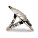 Navajo Turquoise and Silver Ring with Leaf Design c. 1950-60s, size 6 (J91427-0222-017) 1