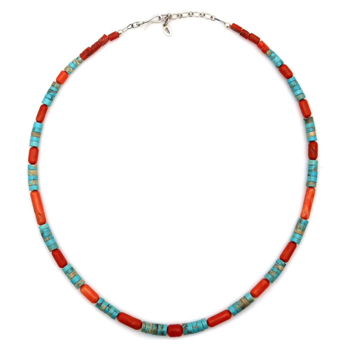 Coral, Turquoise, and Sterling Silver Heishi-Style Necklace, Strung by Frank Patania, Jr., 23" length (J91620A-0221-022)