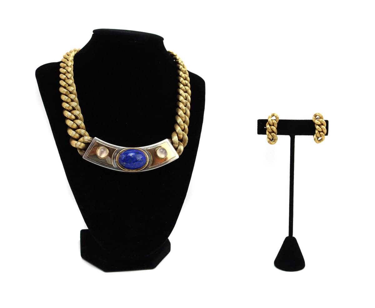 Frank Patania Jr. - Lapis Lazuli, Moonstone, 18K and 14K Gold with Sterling Silver Link Necklace and Clip-on Earrings Set (J91699-0123-040)
