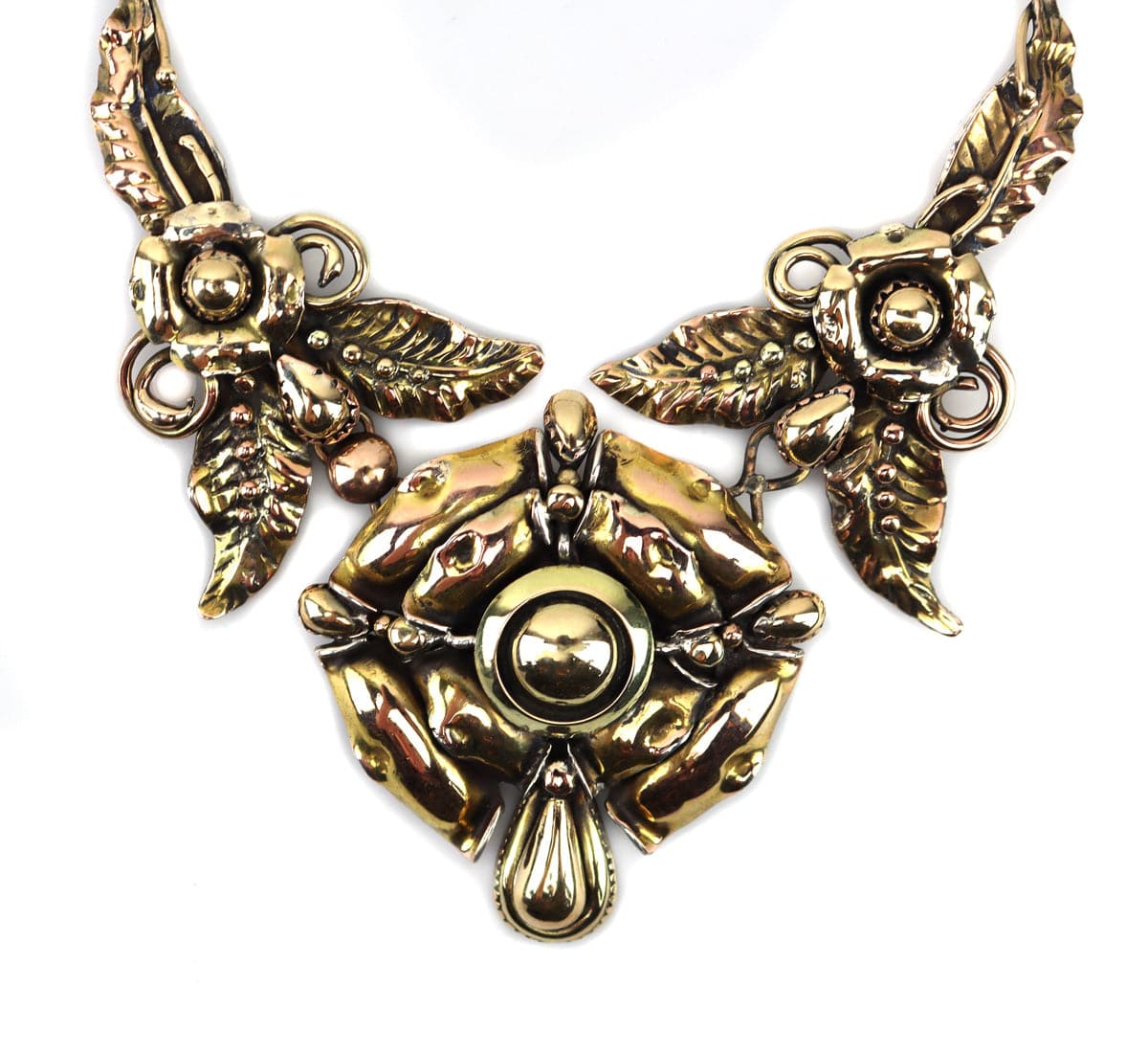 Frank Patania Sr. (1899-1964) and Thunderbird Shop - 14K Gold Overlay and Sterling Silver Necklace with Pendant/Pin, Clip-on Earrings, and Pair of Cuff Bracelets with Floral Design c. 1948 (J91699-0322-001) 5