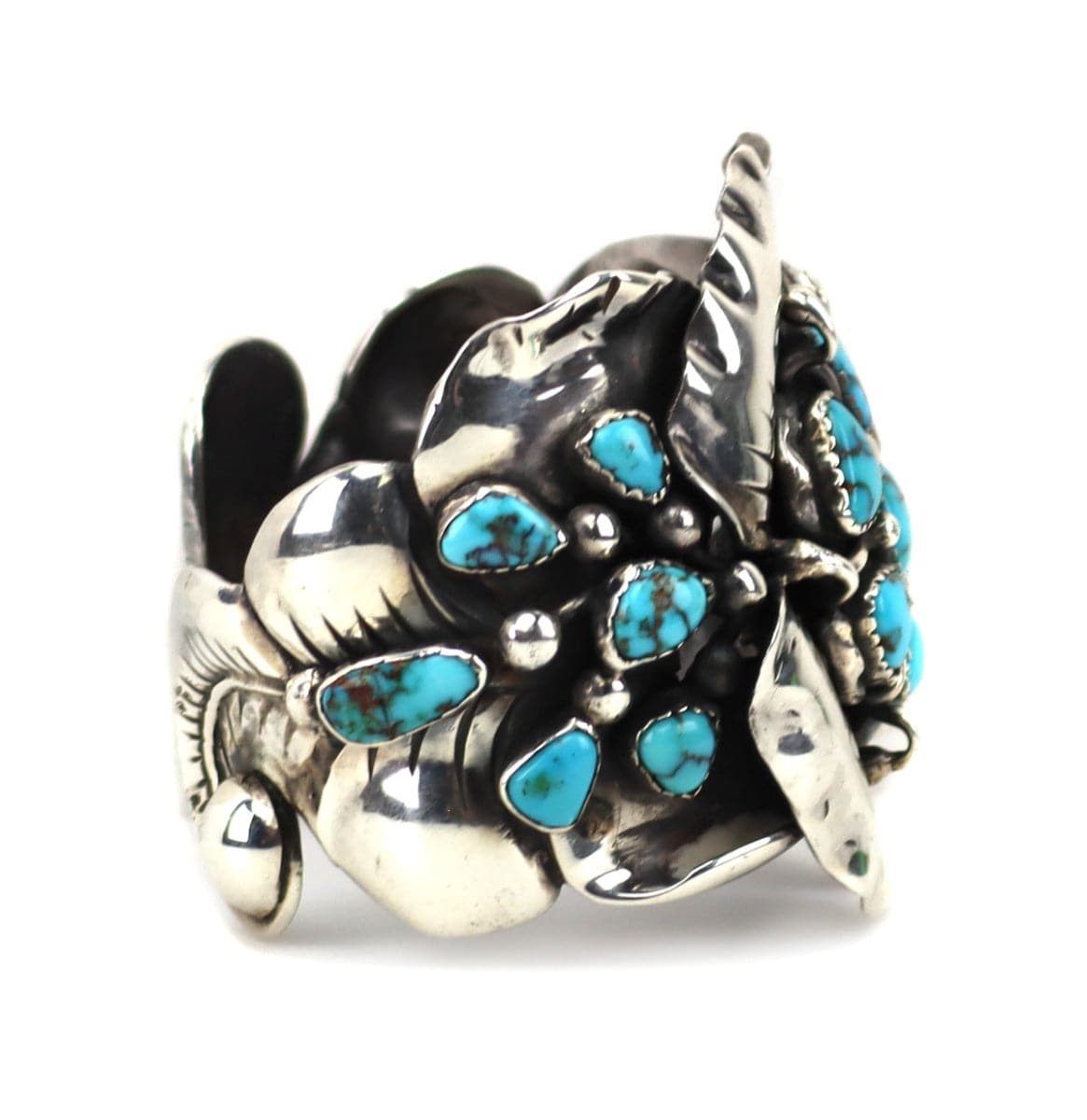 Frank Patania Sr. (1899-1964) and Thunderbird Shop - Burnham Turquoise and Sterling Silver Cuff Bracelet with Floral Design c. 1940-50s, size 6.25 (J91699-0322-004) 1
