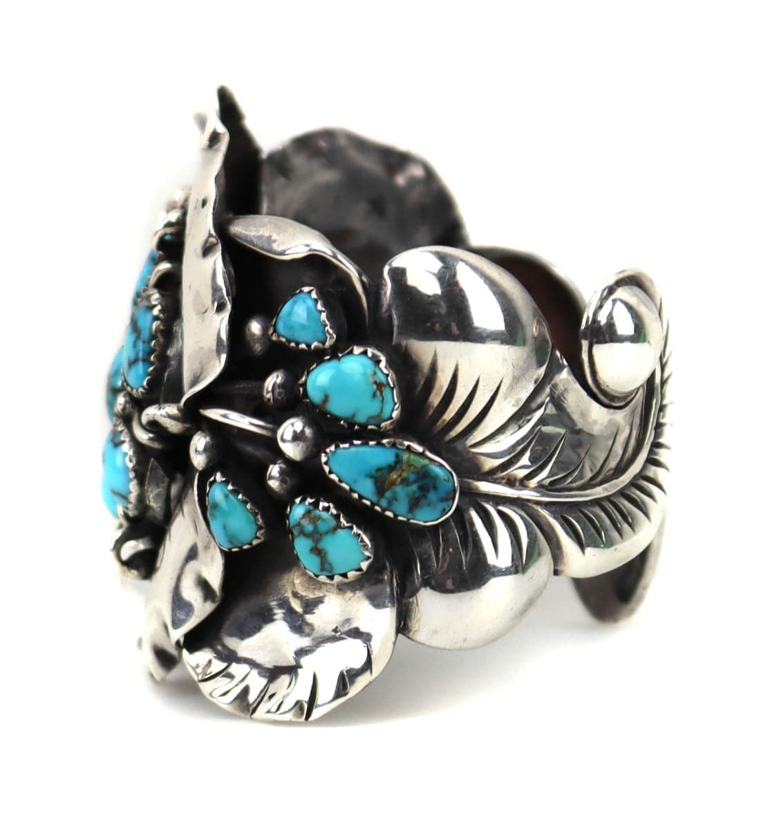 Frank Patania Sr. (1899-1964) and Thunderbird Shop - Burnham Turquoise and Sterling Silver Cuff Bracelet with Floral Design c. 1940-50s, size 6.25 (J91699-0322-004) 3