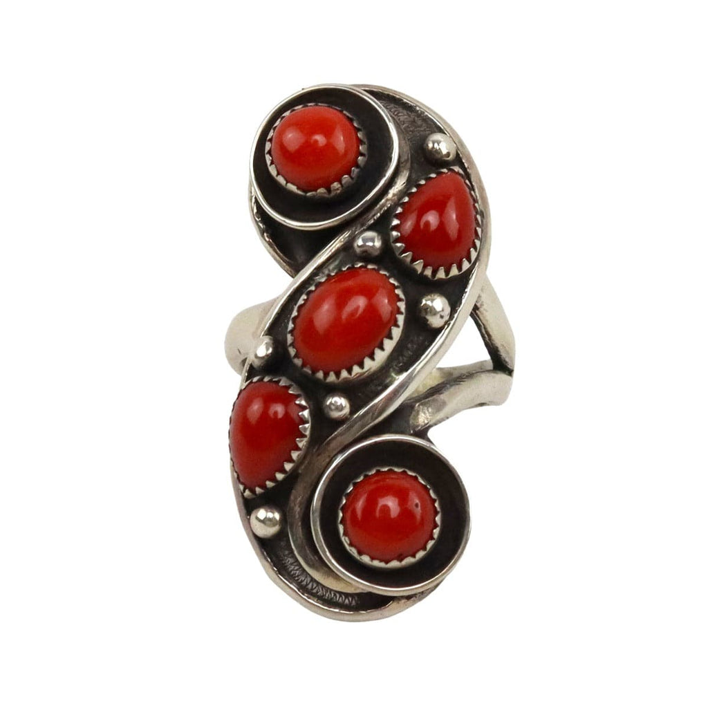 Frank Patania Sr. (1898-1964) - Coral and Silver Sliver Overlay Ring c. 1960s, size 9 (J91699-1022-011)