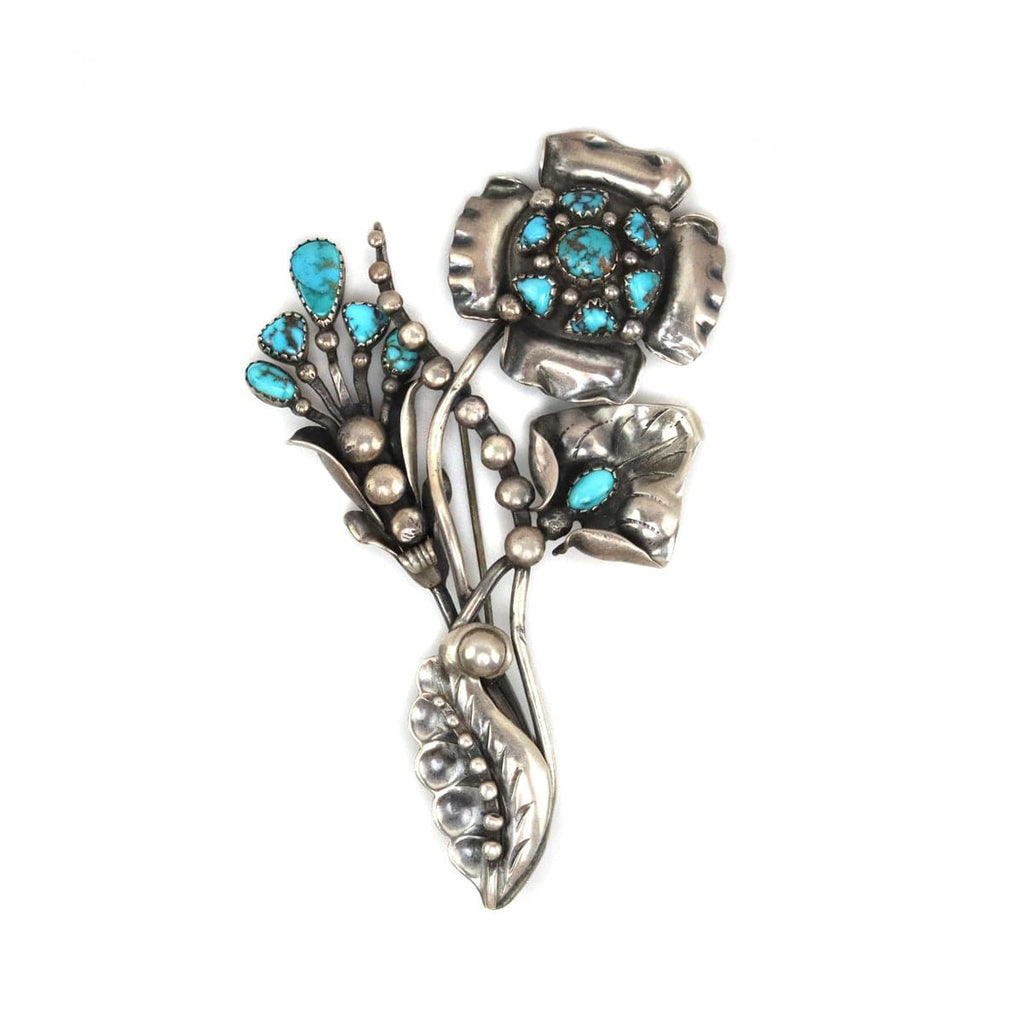 Frank Patania Sr. (1898-1964) - Turquoise and Silver Pin with Floral Design c. 1950s, 4.25" x 2.5" (J91699-1022-017)