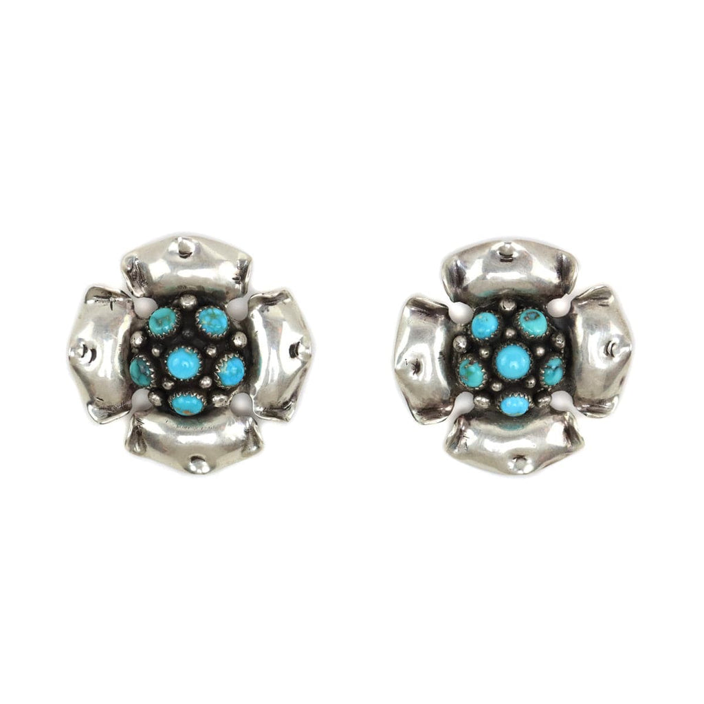 Frank Patania Sr. (1898-1964) - Turquoise and Silver Clip-on Earrings with Floral Design c. 1945, 1.25" diameter (J91699-1022-018)