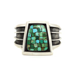 Frank Patania Jr. - Turquoise Mosaic Inlay and Sterling Silver Assymmetrical Bracelet c. 1950s, size 6.5 (J91699-1022-030)

