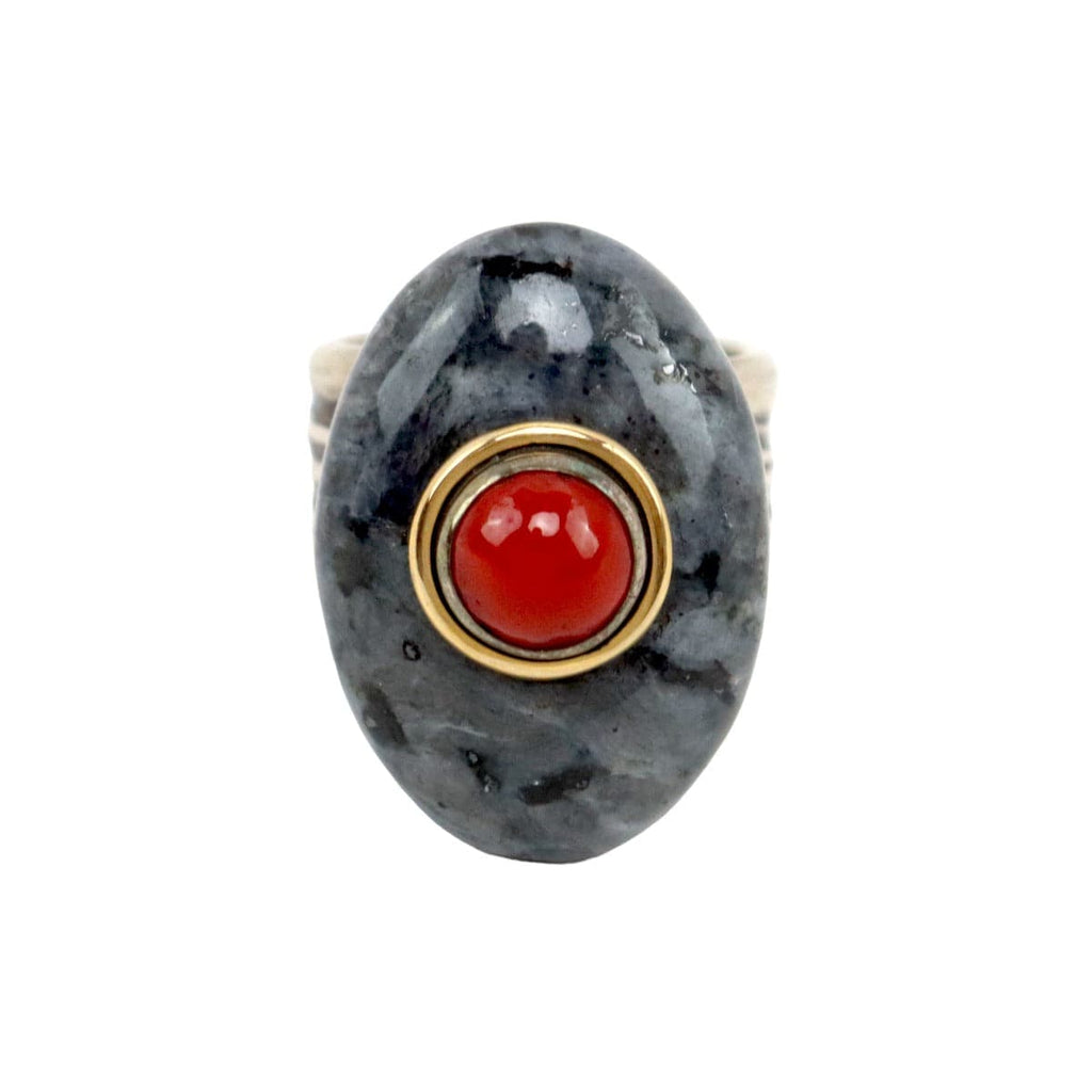 Frank Patania Jr. - Norwegian Granite, Coral, 14K Gold, and Sterling Silver Ring c. 2010, size 7 (J91699-1022-033)