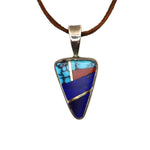 Sherian Honhongva (b. 1960) - Hopi Multi-Stone Channel Inlay, Sterling Silver, and 14Kt Gold Pendant with Leather Cord c. 2000s, 1.75" x 0.75" (J91924-0421-006) 
