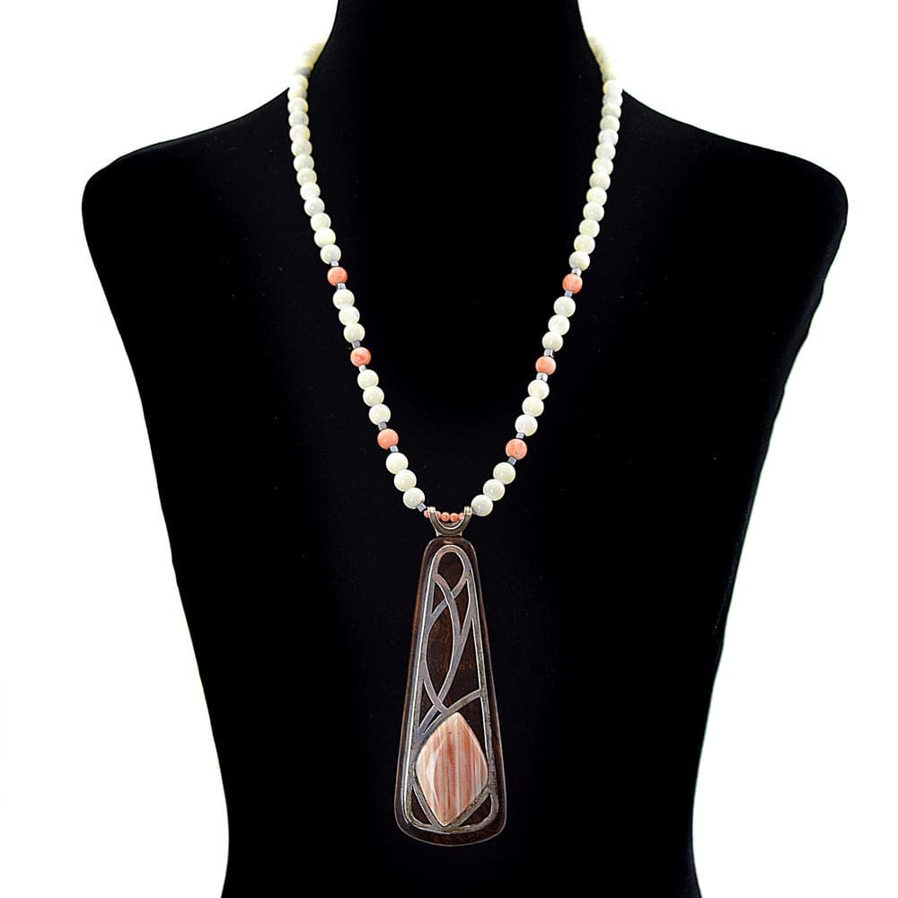 Moonstone, Agate, Hematite, Silver, and Ironwood Necklace c. 1980, 24" length (J91936C-0318-038) 1
